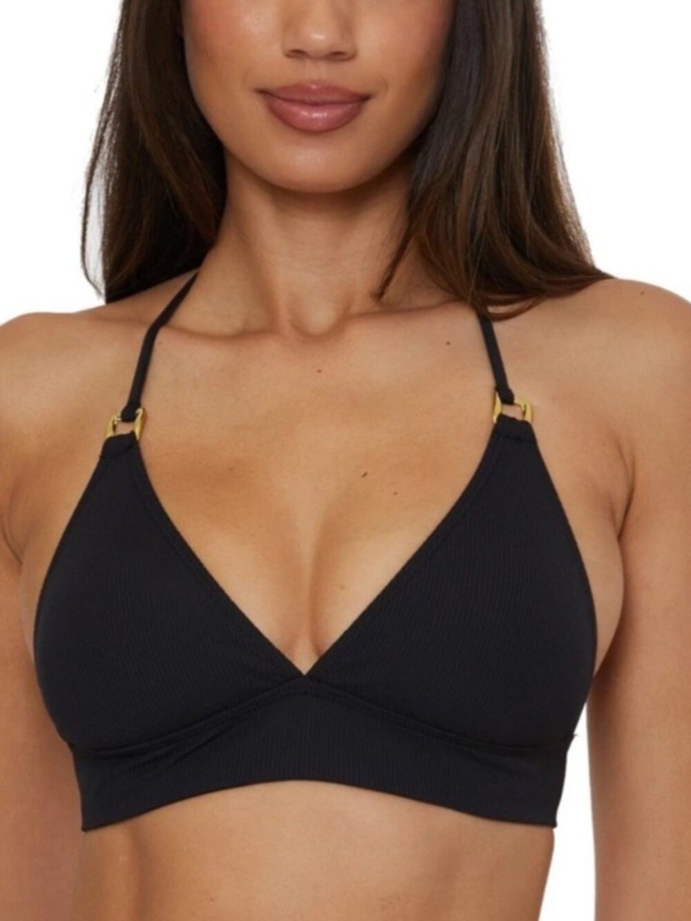 Becca Modern Edge Textured Rib Halter Bikini Top MSRP $56 Size Large Black